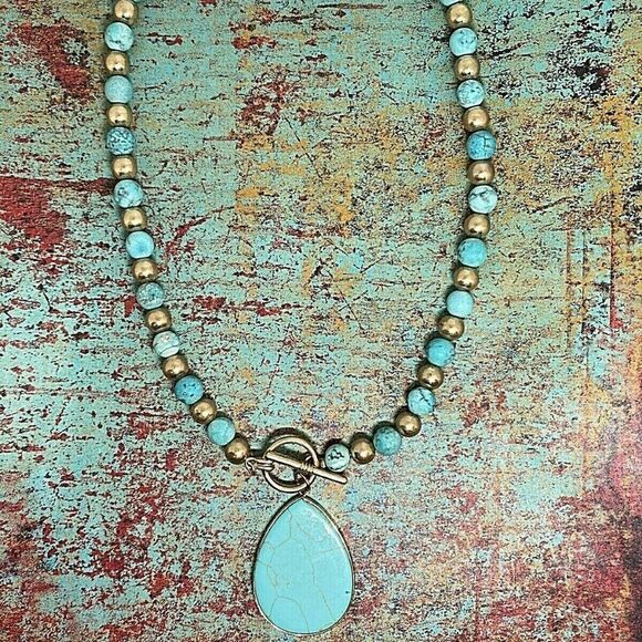Teal Blue green gold Jasper Fall Necklace Beaded - Picture 4 of 12